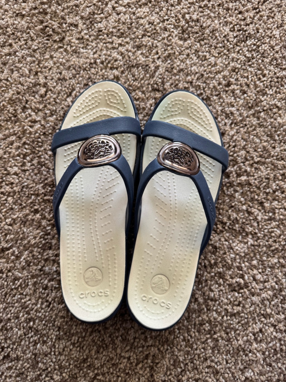 CROCS Navy and Cream Slide Sandals with Rose-Gold Accent
